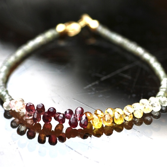 Natural Green , Plum and Yellow Sapphire Bracelet Handmade Solid 14K Yellow Gold - Picture 3 of 11
